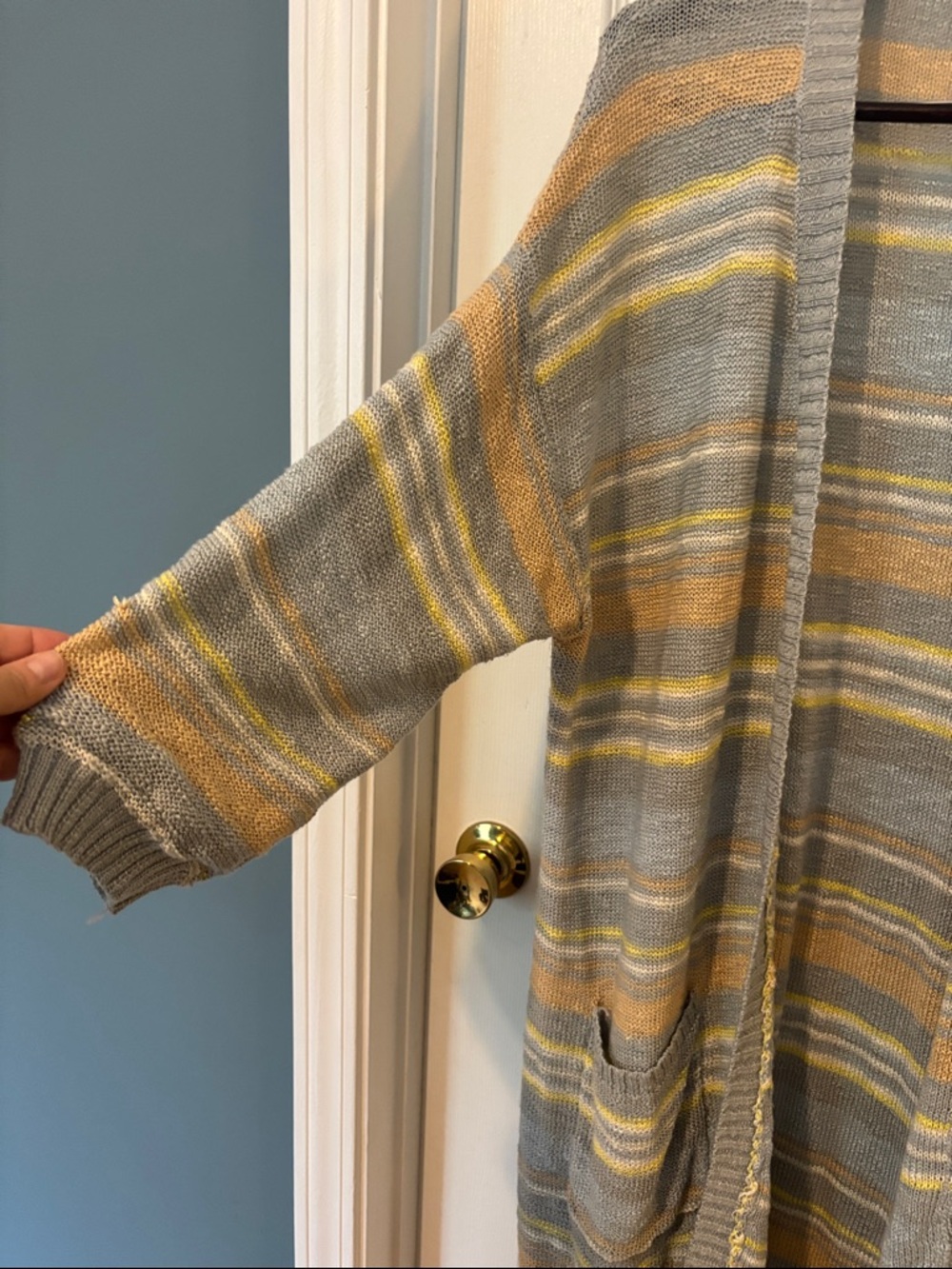 Light Gray & Yellow Striped Long Open Cardigan with Fringe.SizeXXL great w/jeans - Picture 4 of 7